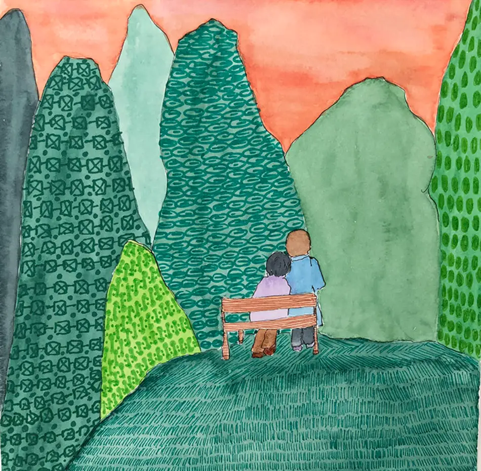 Couple watercolour of Couple looking at mountain vies