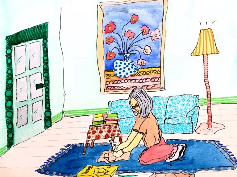 watercolour of woman on floor looking at decoration books