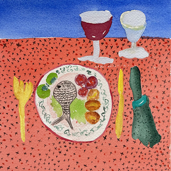 illustration of fish and veggies, glass of wine, red table cloth and blue background, cooking for one in Lisbon