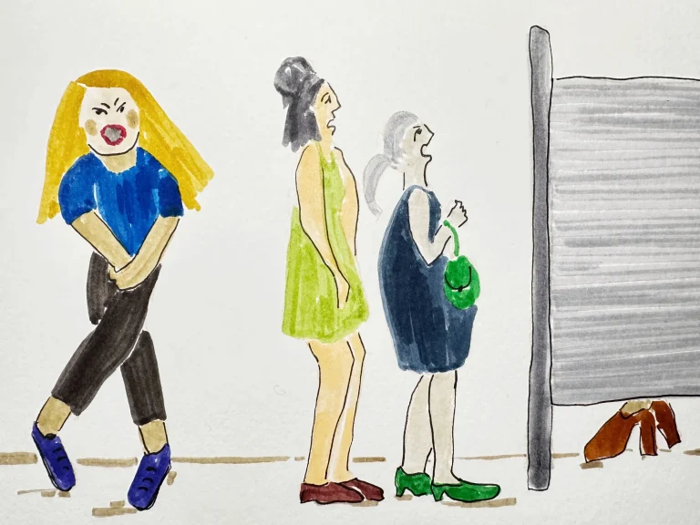 illustration of women in line to use bathroom, urinary