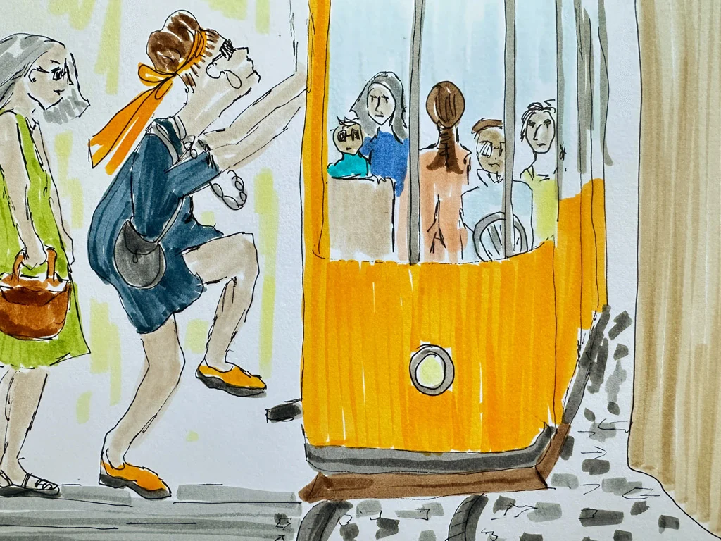 sketch of women getting on yellow Lisbon tram, woman standing behind her waiting and
