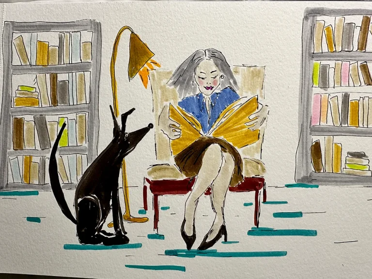 illustration of woman sitting on chair, reading book, door at her side, book shelves on sides