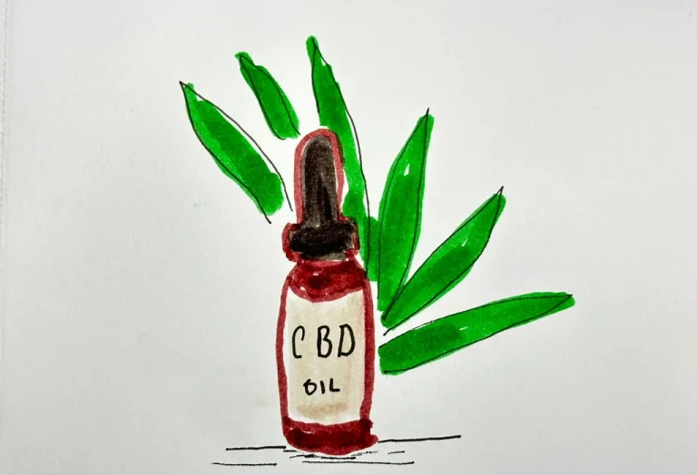 illustration of a bottle of CBD and a CBD leaf in the background