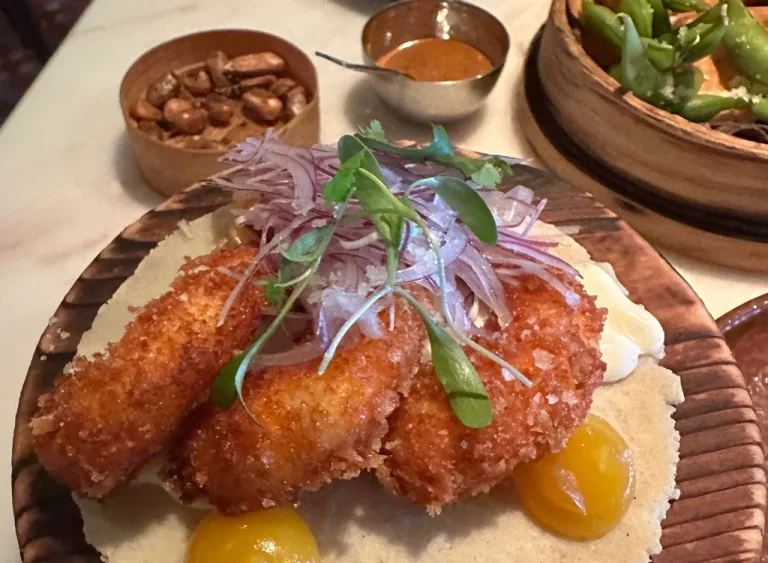 photo of tempura shrimps with different sauces, fusion food