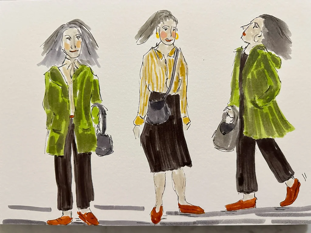 illustration of 3 women wearing fall clothes. Packing for a trip Lisbon fall clothes