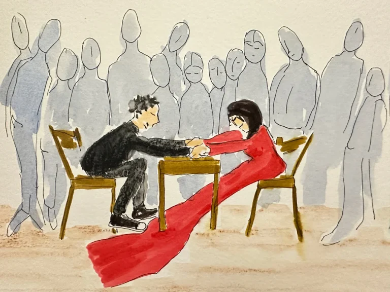 Illustration or woman in red and a man in a dark suit, many people in gray color around, Marina Abramovic- performance artist