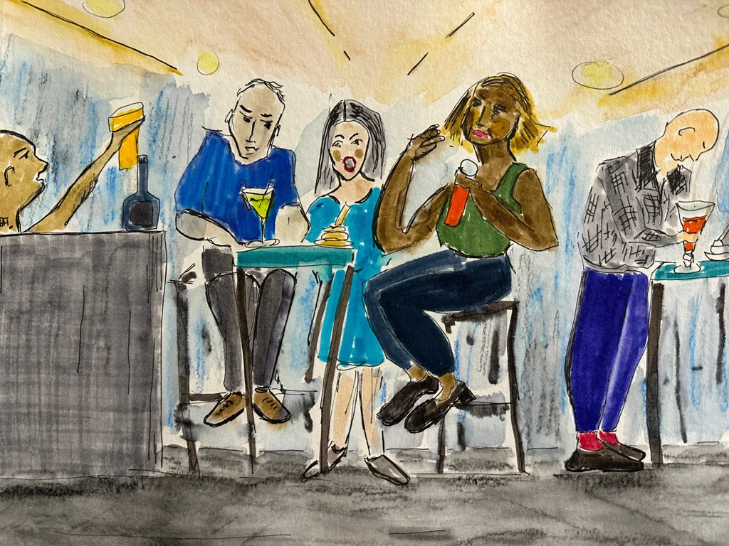 Spanish tapas illustration 5 people at a tapas bar, gray floor, yellowish ceiling Spanish tapas illustration