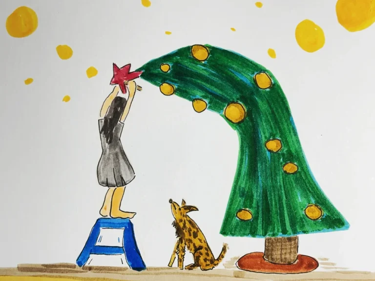 illustration of woman adding a star to a bent Christmas tree and a dog looking at her