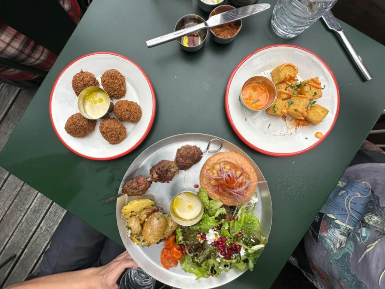 Lebanese food at Barouk: a dish with falafel, a dish haras fries and a dish with skewers