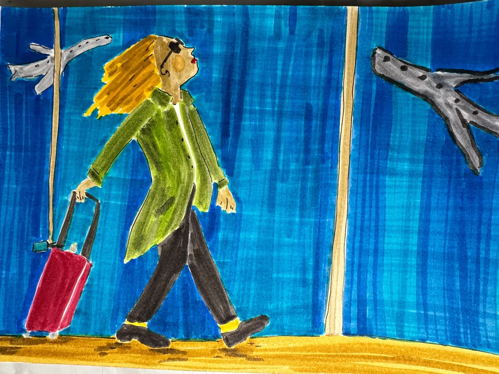 illustraton of woman wearing a green coat and carrying a bag at the airport. two airplanes traveling in the background, Lisbon in the winter