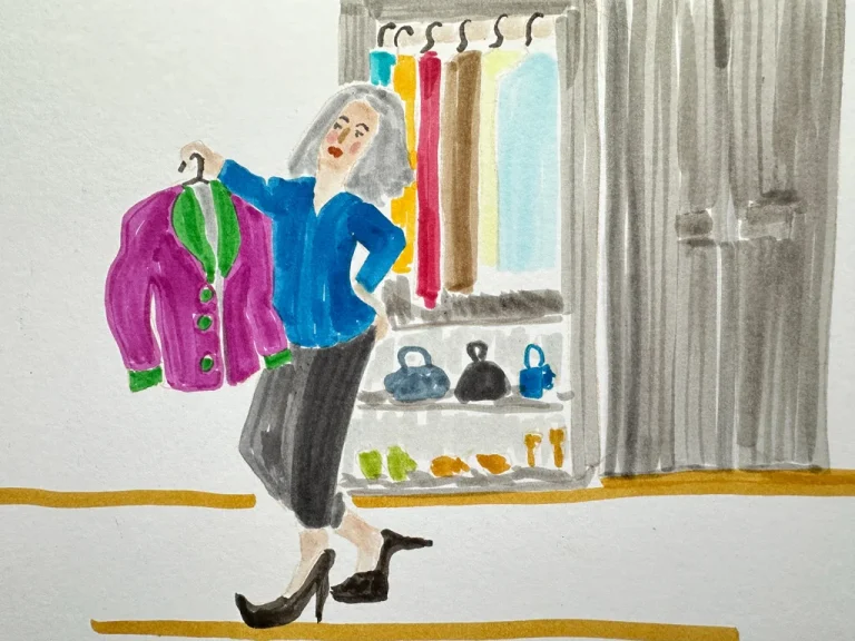 Illusttration of woman standing in front of closet, doing Closet review