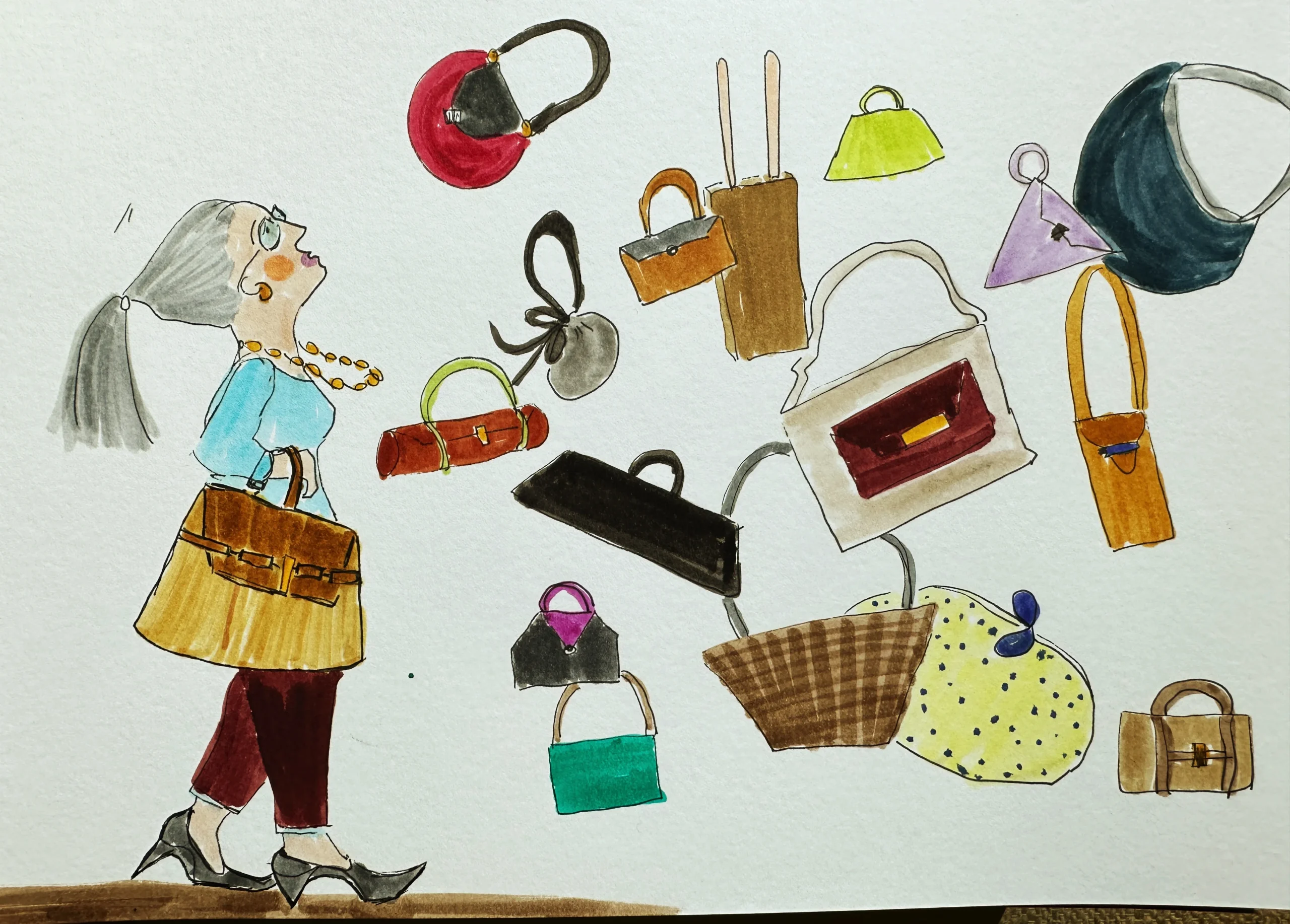 illustration of woman holding a handbag around floating handbags closet review