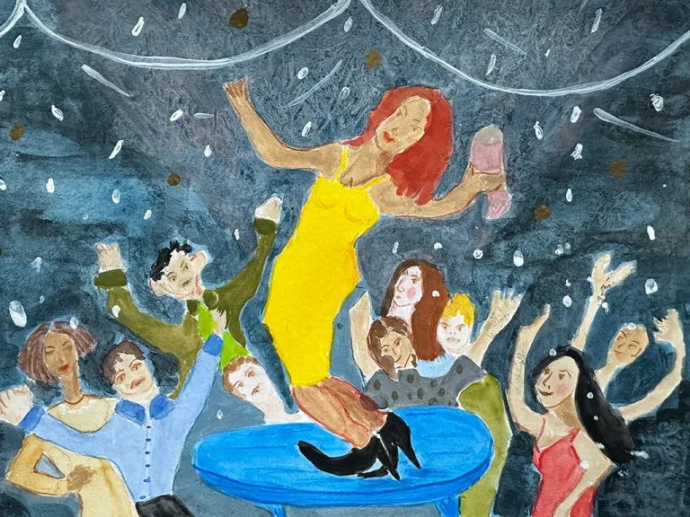 Illustration of woman over 50 dancing on table at a party