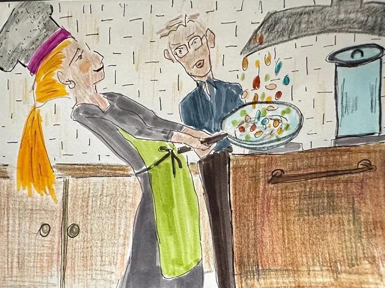 illustration of woman with a strir fry and a man looking, in a kitchenwinter soups comfort food