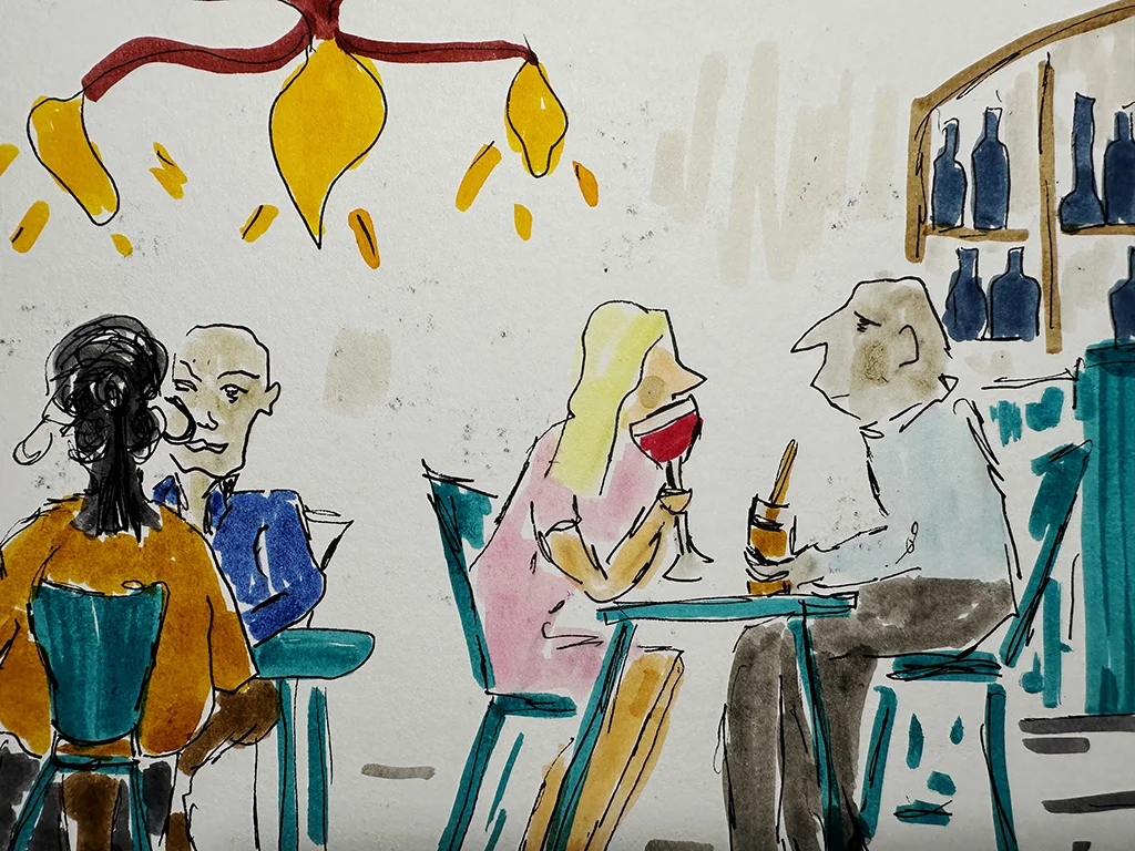 Illustration of people sitting at a cafe, large yellow bulbs on ceiling in the left side, shelf with bottles on the right, white background. Lisbon festive June