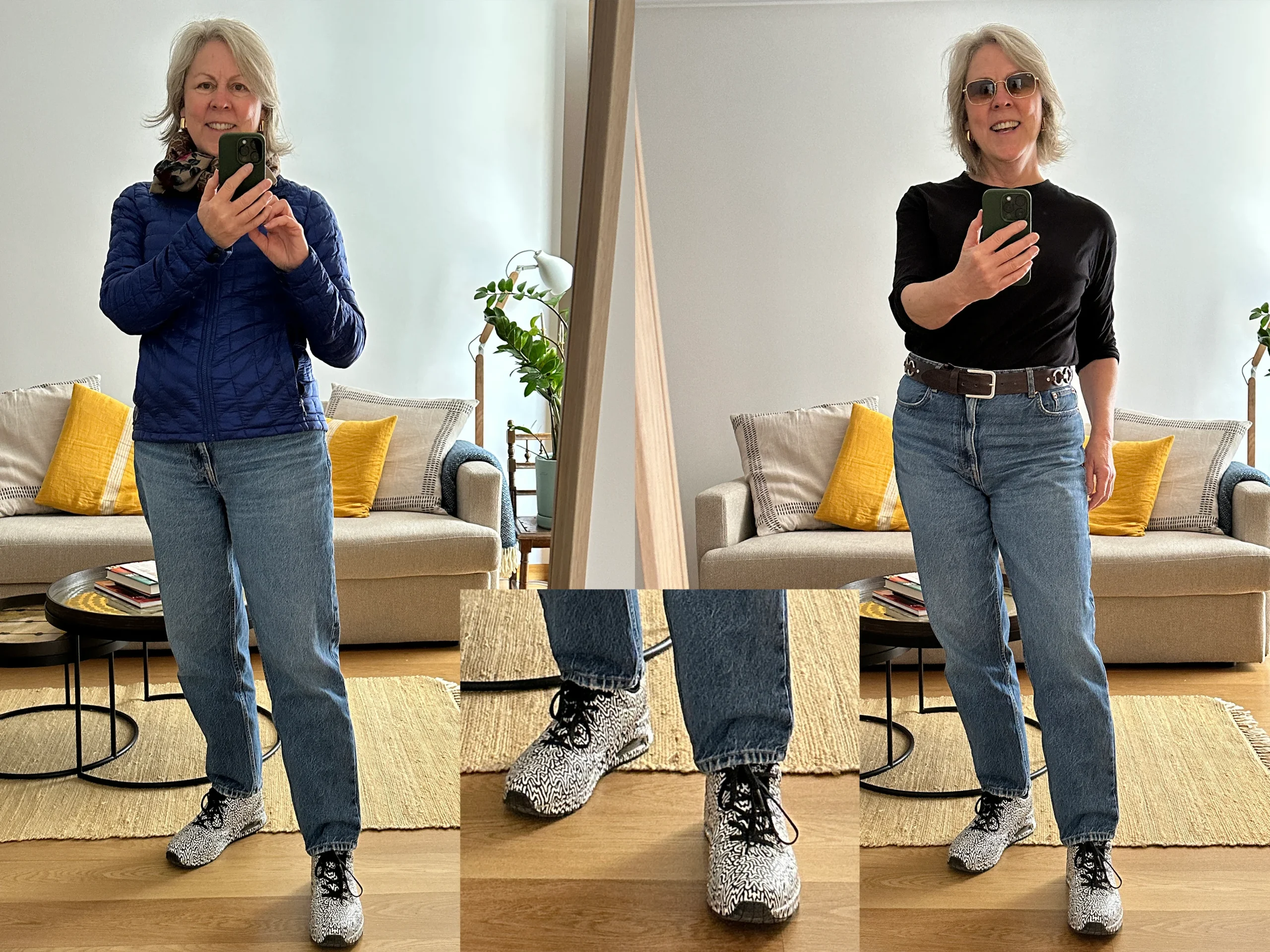 Collage of photos: Woman showing different options for packing for a trip. Jeans and a long sleeve t- shirt, jeans with a puffer jacket. Fun sneakers.