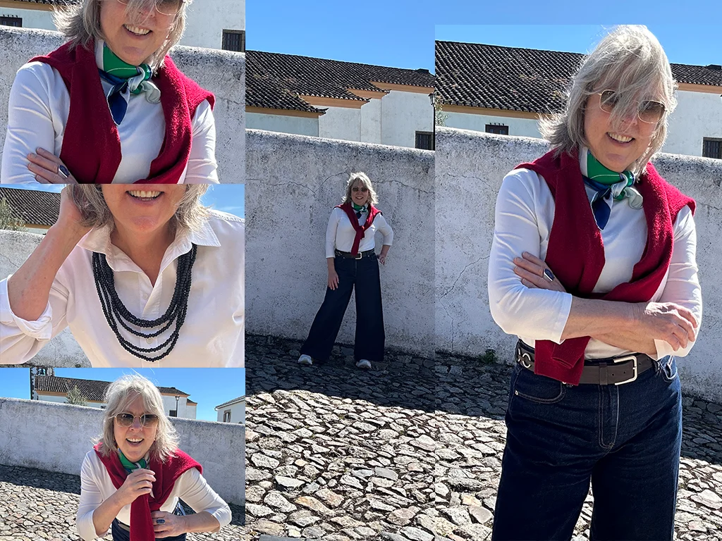 Collage of photos, Woman wearing a white shirt and red sweater around neck and necklace and scarves. What to wear Marvão. 50 and rising