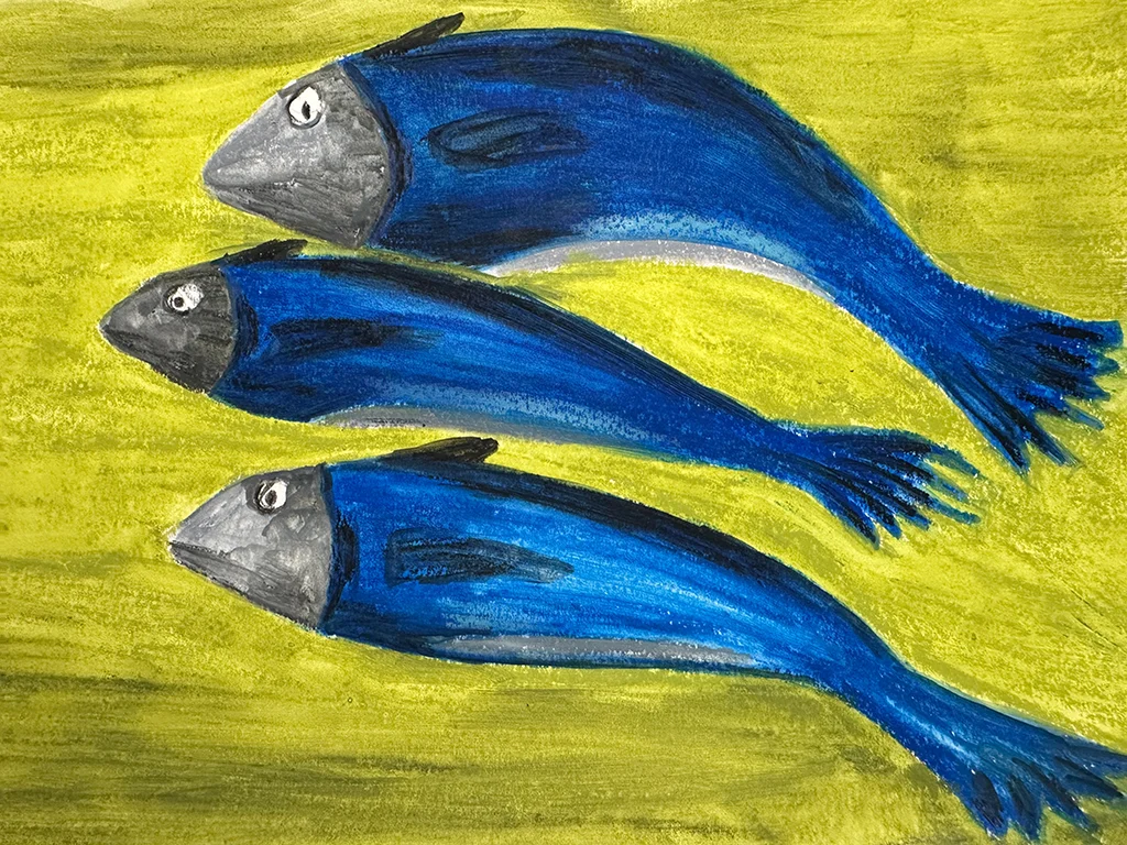 Illustration of blue sardines green background, sardines in June in Lisbon