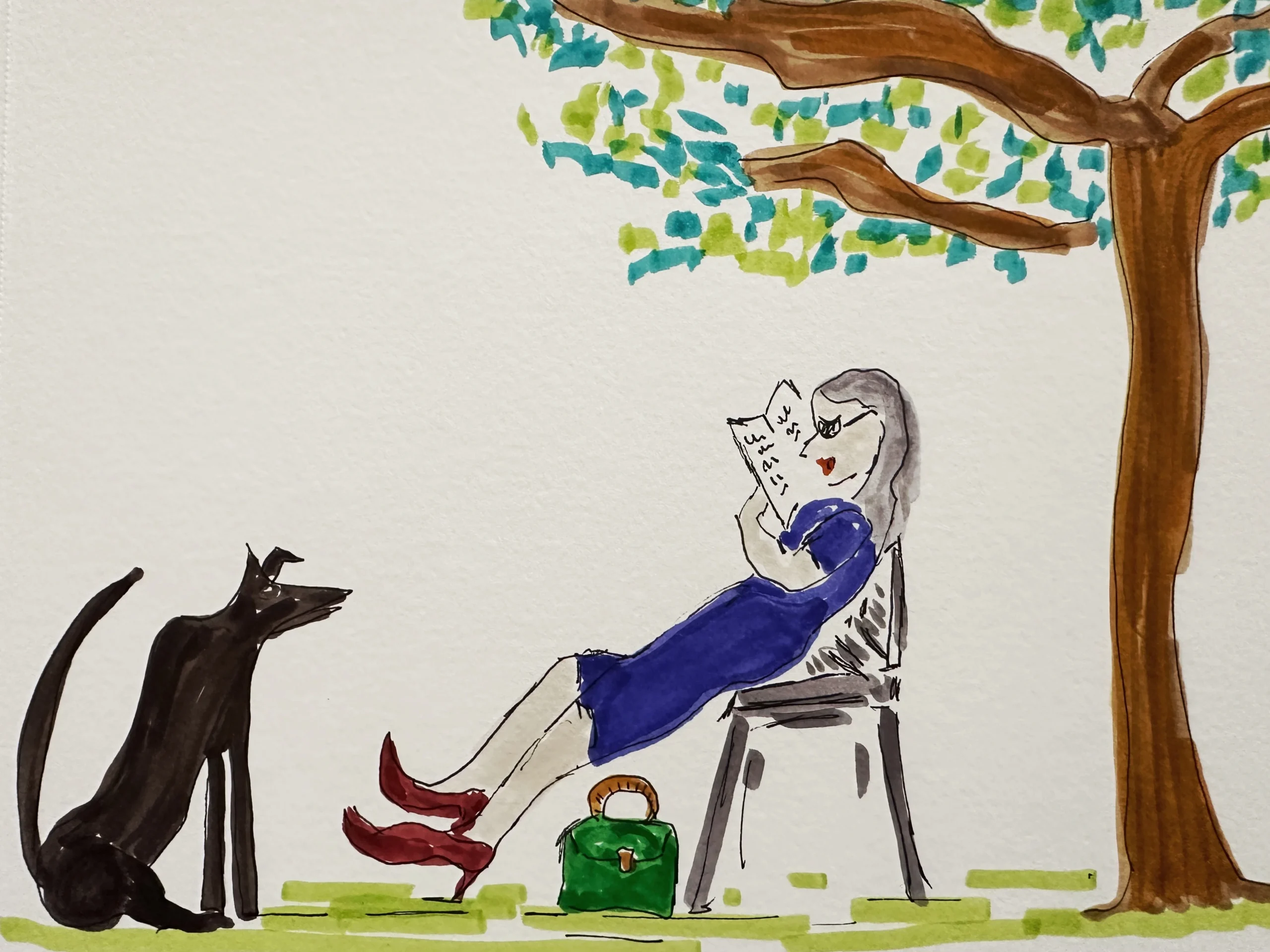 woman reading woman reading on a chair under a tree, dog looking at her, bag on floor. Solo living