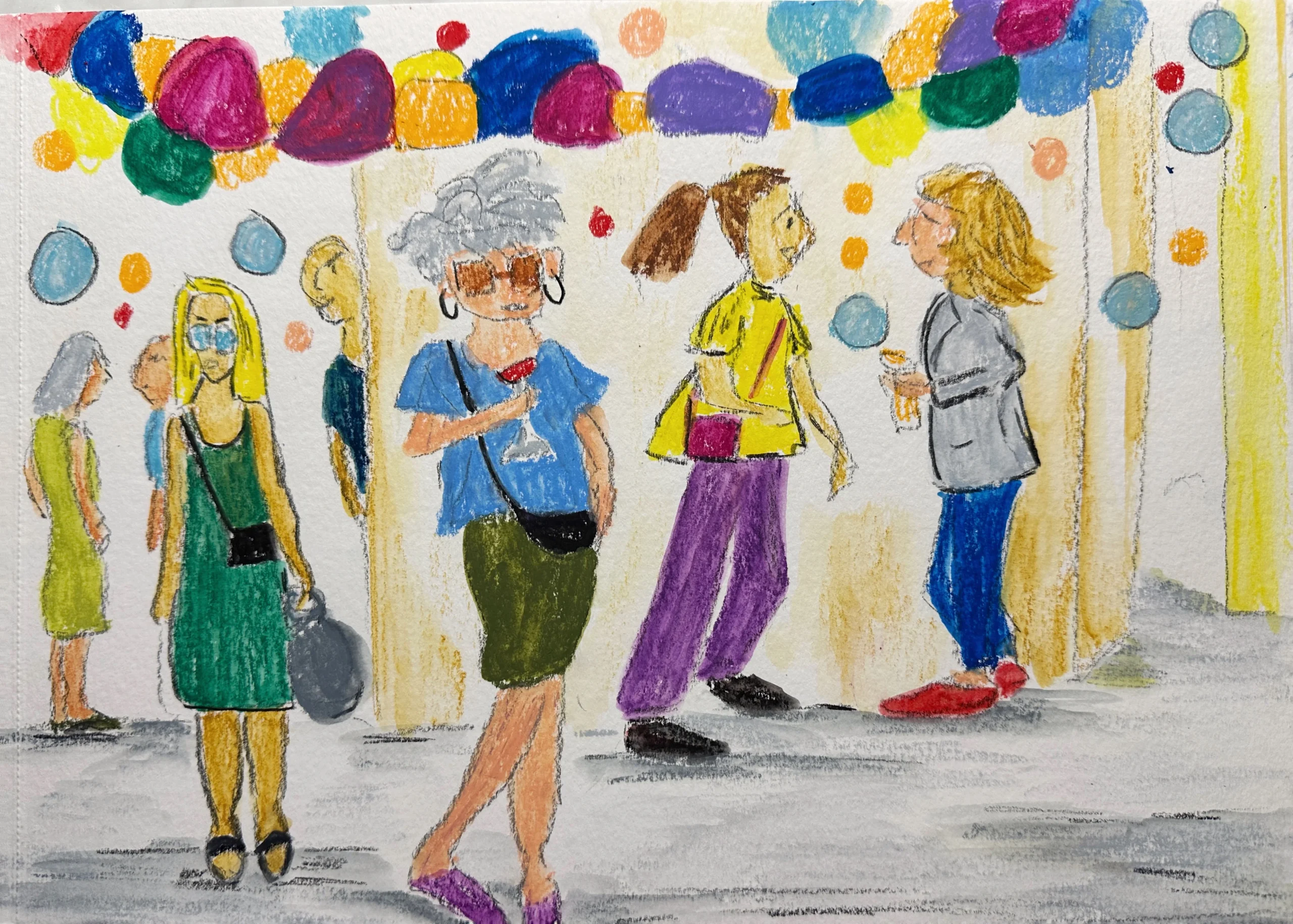 illustration of people at a street party in lisbon, women in the foreground holding a glass, bags, lots of floating round circles in the air, festive scene