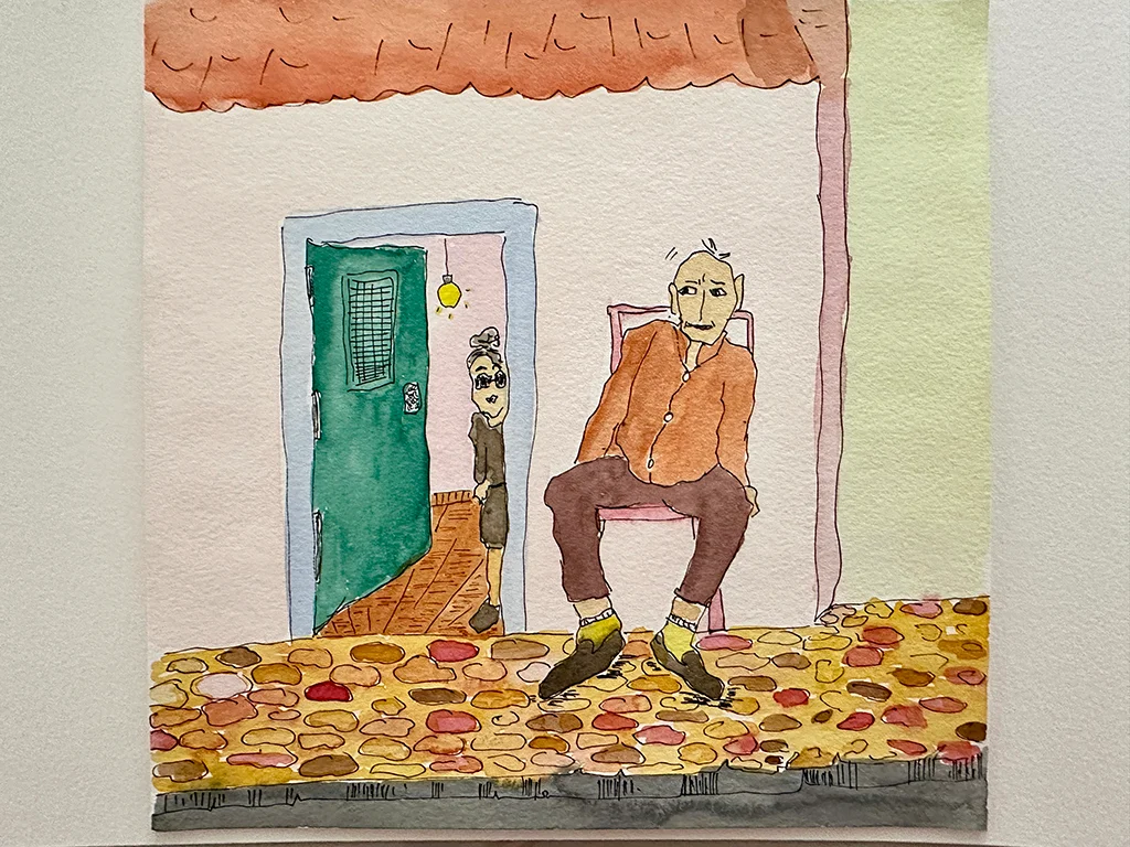 illustration of a woman near a green door, a man sitting on a chair on the sidewalk, cobblestone sidewalk