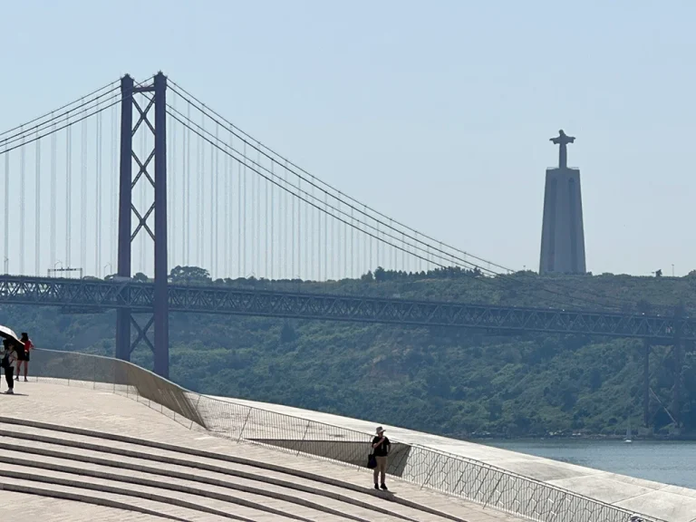 rooftop at MAAT museum in Lisbon view bridge and Christ