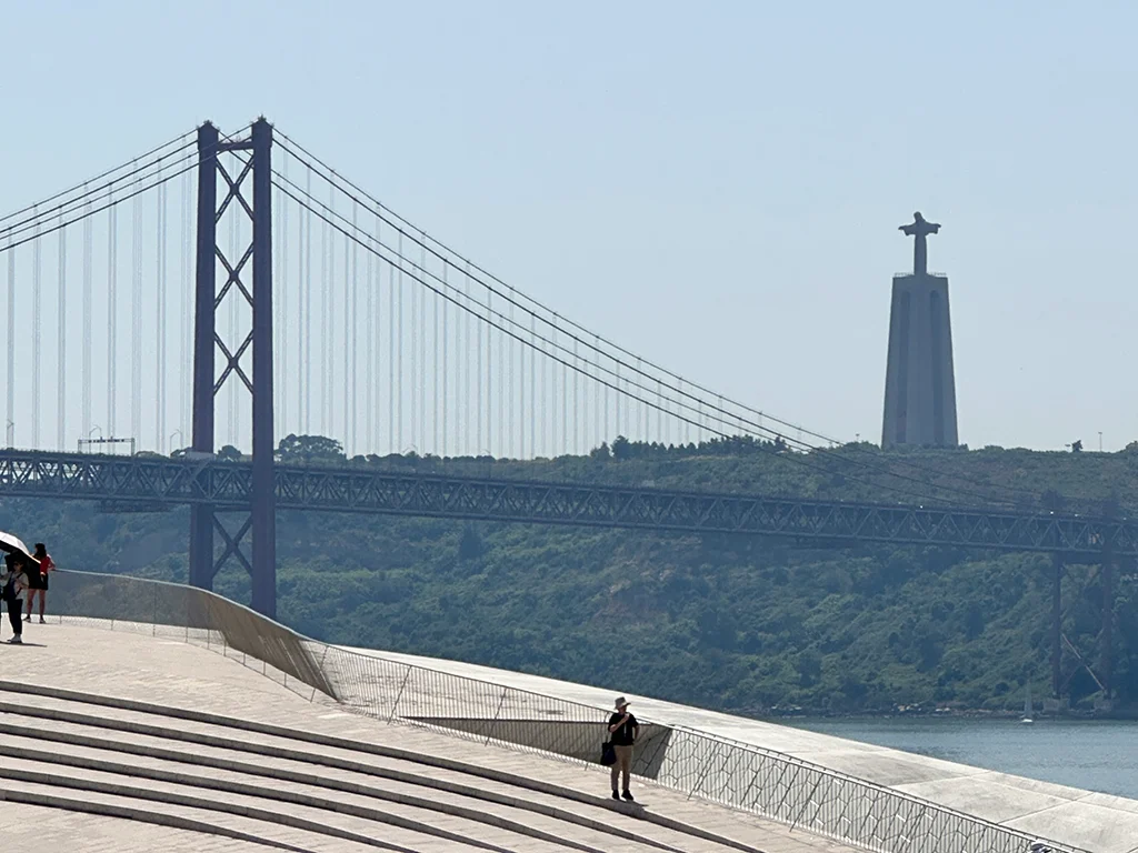 rooftop at MAAT museum in Lisbon view bridge and Christ