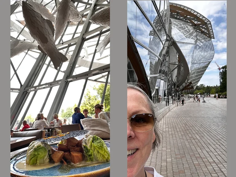 woman in front of Fondation Louis Vuitton, food at the restaurant in the foundation, Paris